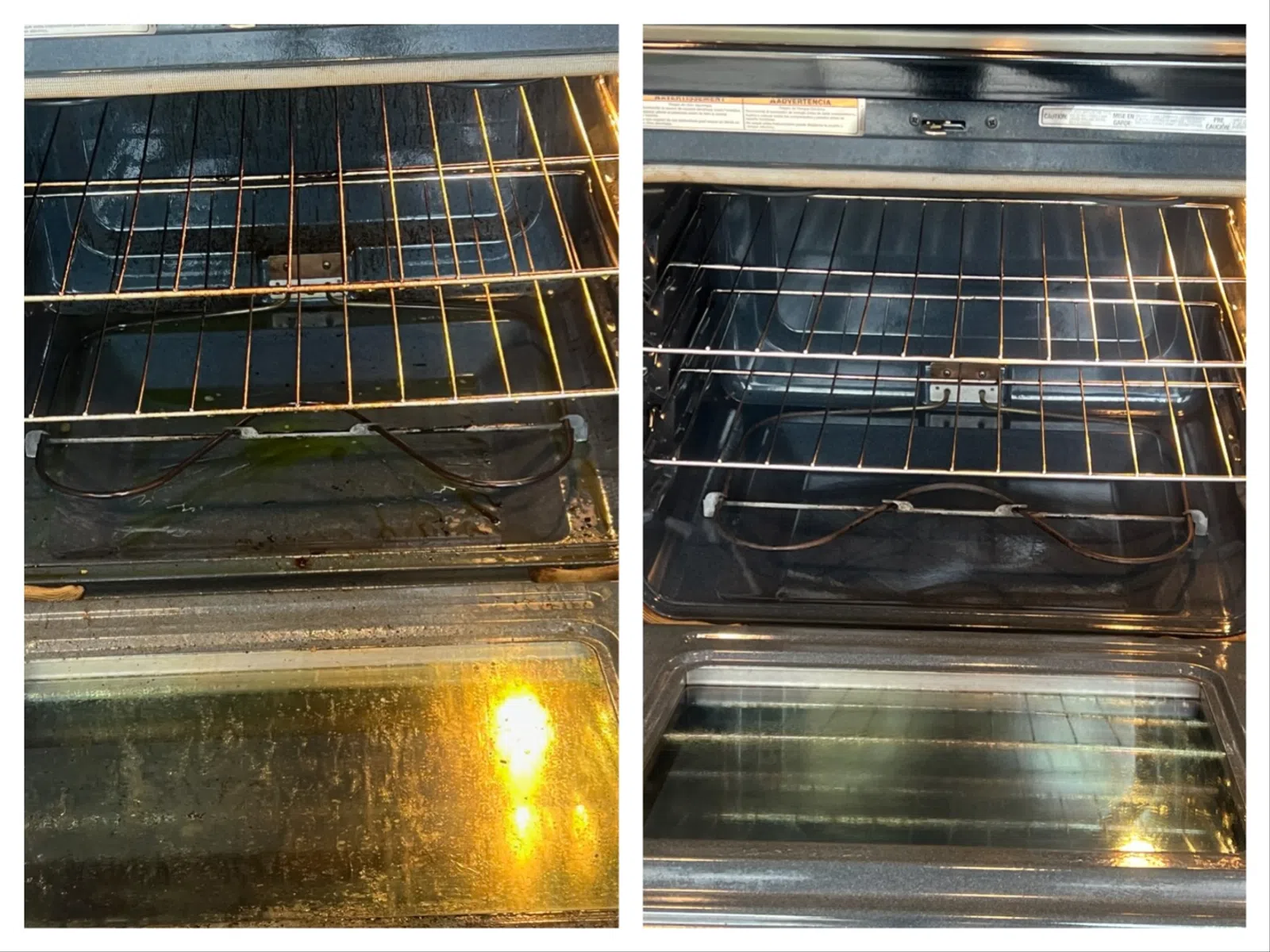 Side-by-side comparison of oven interiors before and after cleaning showing clear improvement in cleanliness.