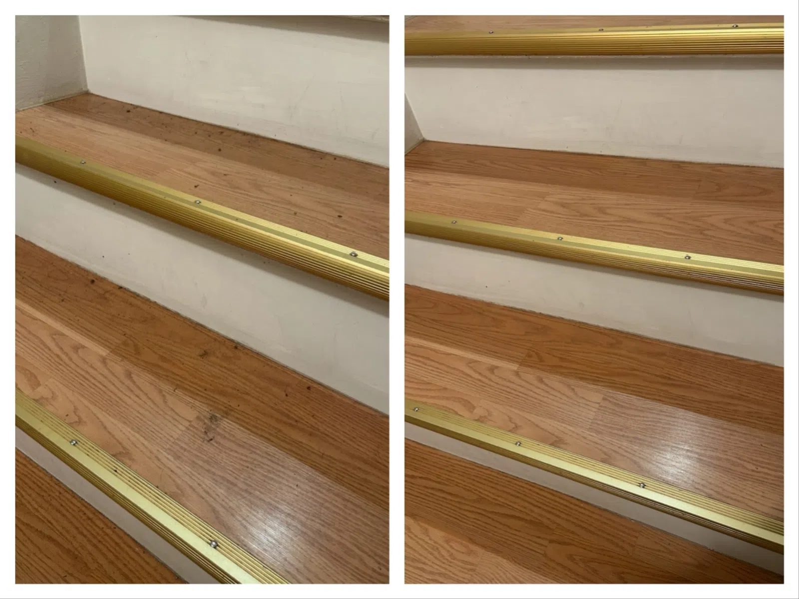 Side-by-side before and after images of wooden stairs cleaned and polished with brass stair nosing.