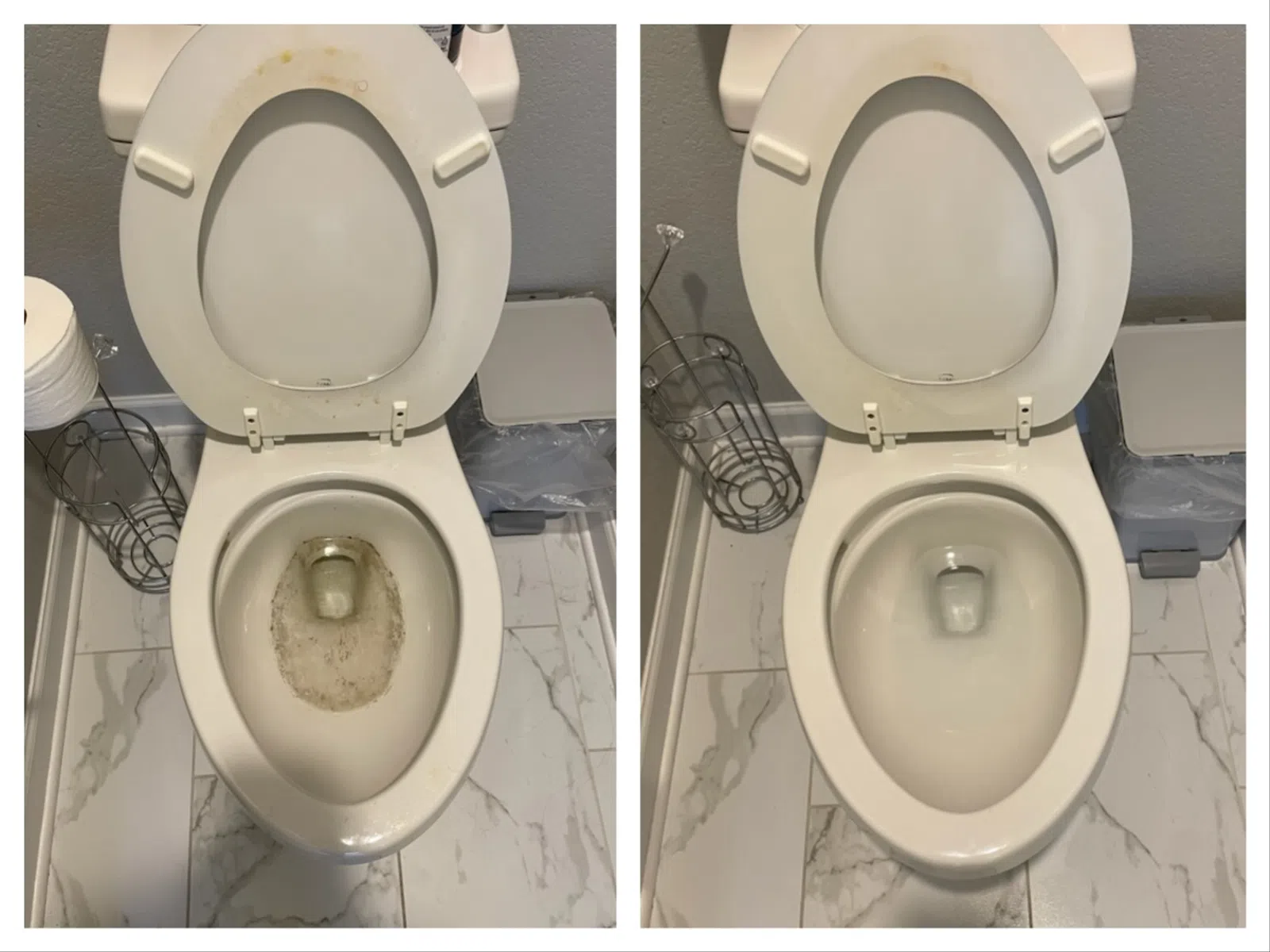 Side-by-side comparison of a dirty toilet bowl before and after thorough cleaning in a bathroom.