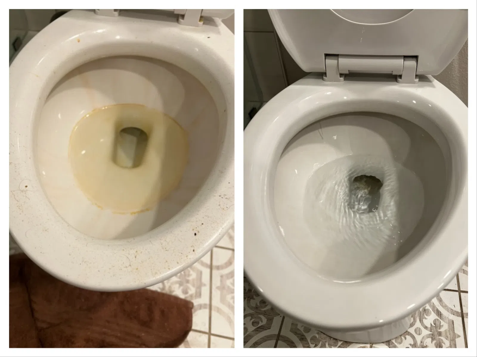 Side-by-side comparison of a stained toilet bowl before and a clean toilet bowl after cleaning.