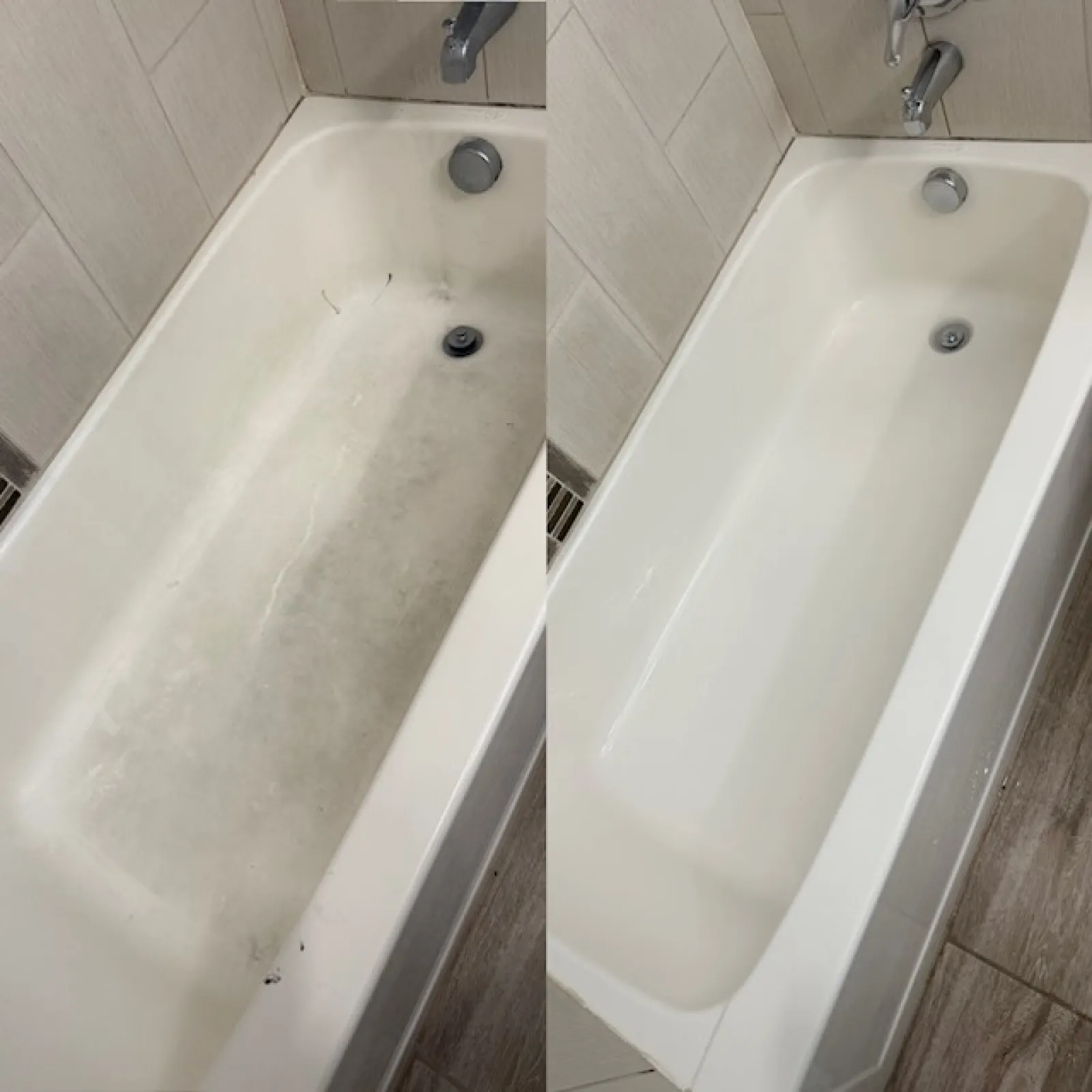 Side-by-side comparison of a bathtub before and after deep cleaning, showing dirty and spotless surfaces.