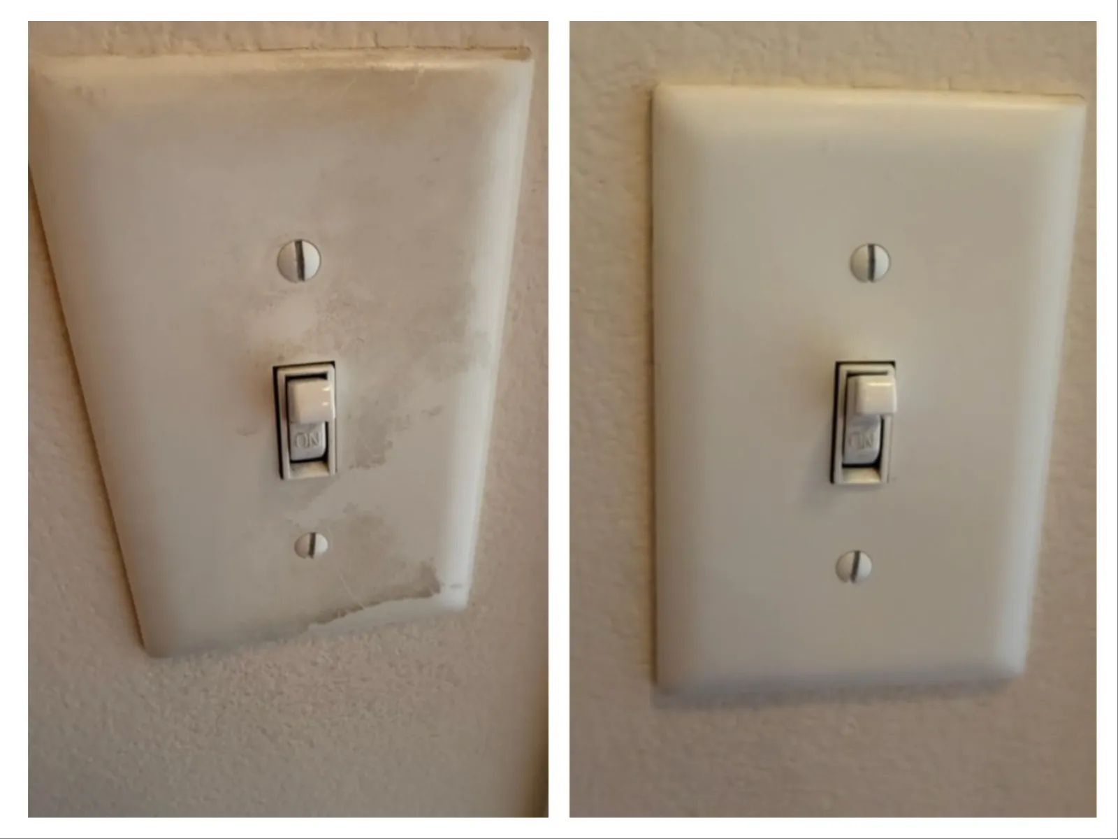 Side-by-side comparison of dirty and clean white light switch plates on beige walls.