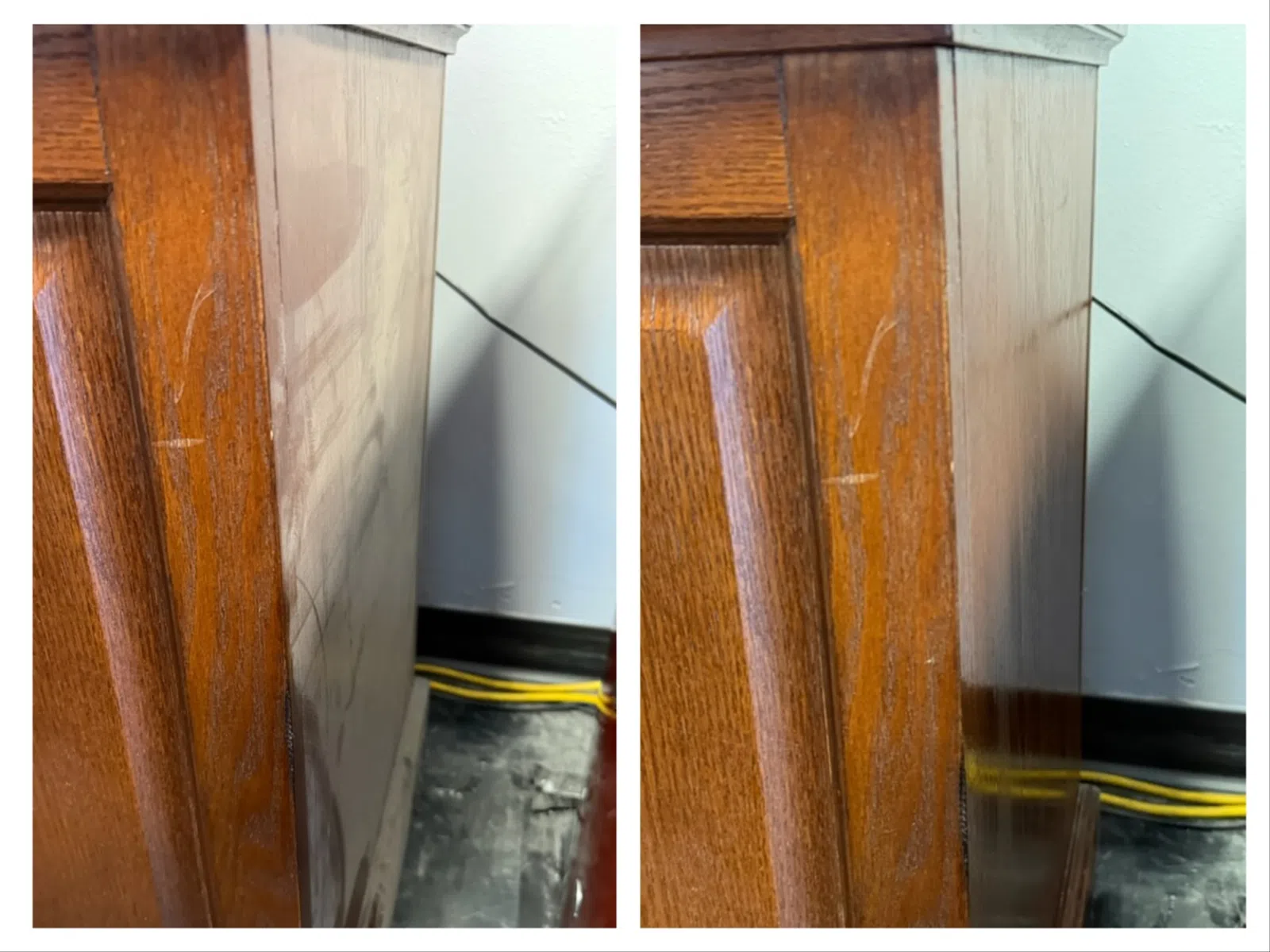 Before and after images showing wood furniture with removed scratches and improved finish on side panel.