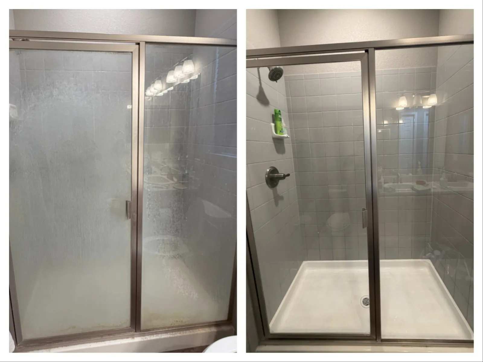 Before and after images of a glass shower door cleaning in a bathroom with white tiles and metal frame.