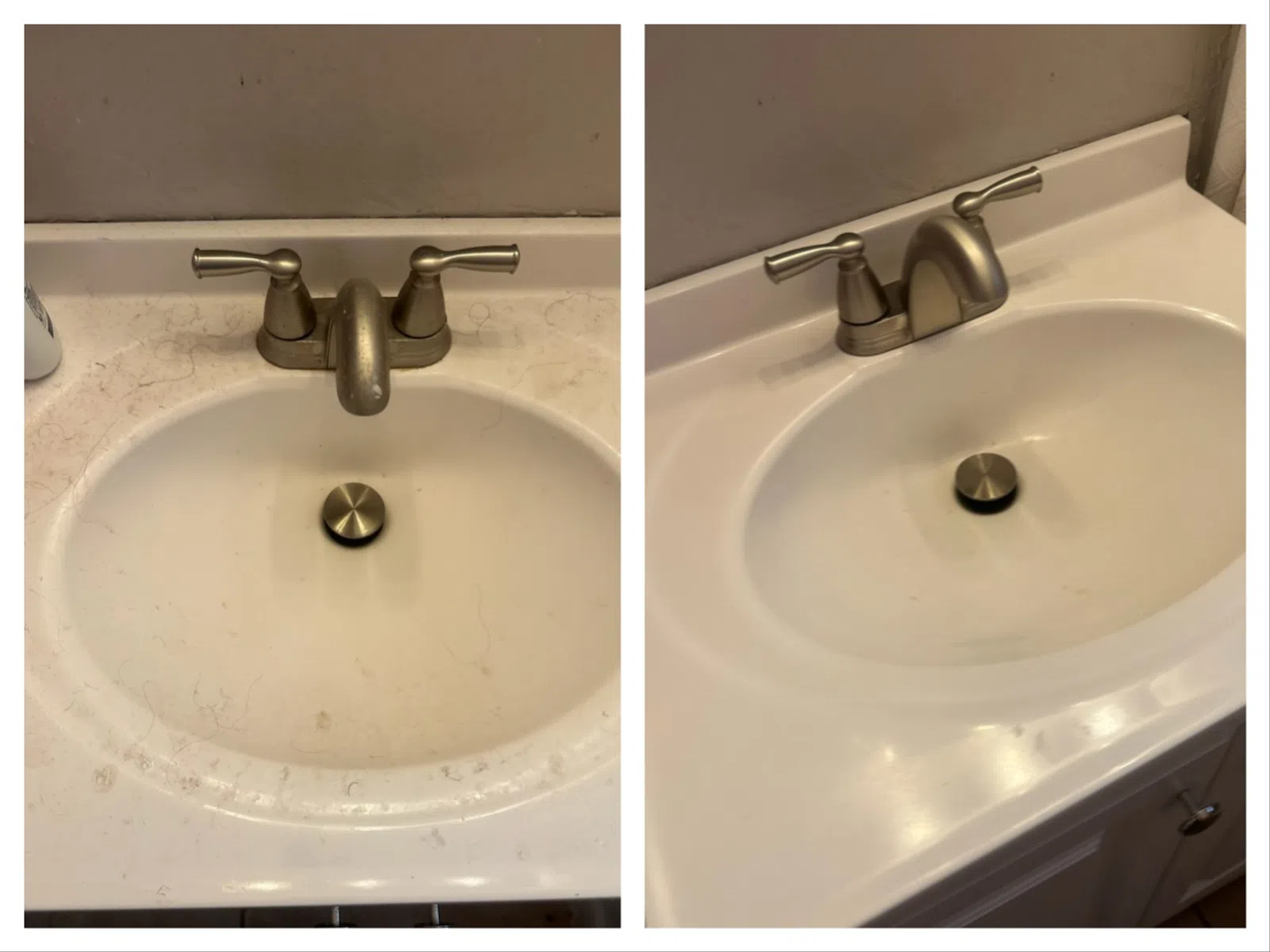 Side-by-side bathroom sinks with silver faucets showing before and after cleaning with white countertops.