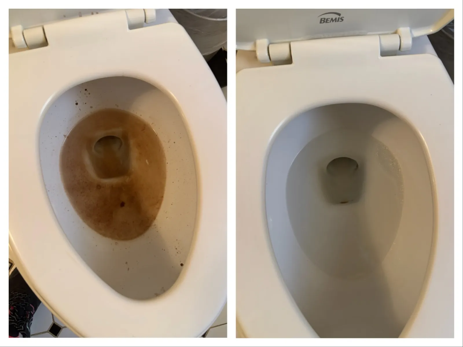 Side-by-side comparison of a toilet bowl before and after deep cleaning, showing removal of brown stains.