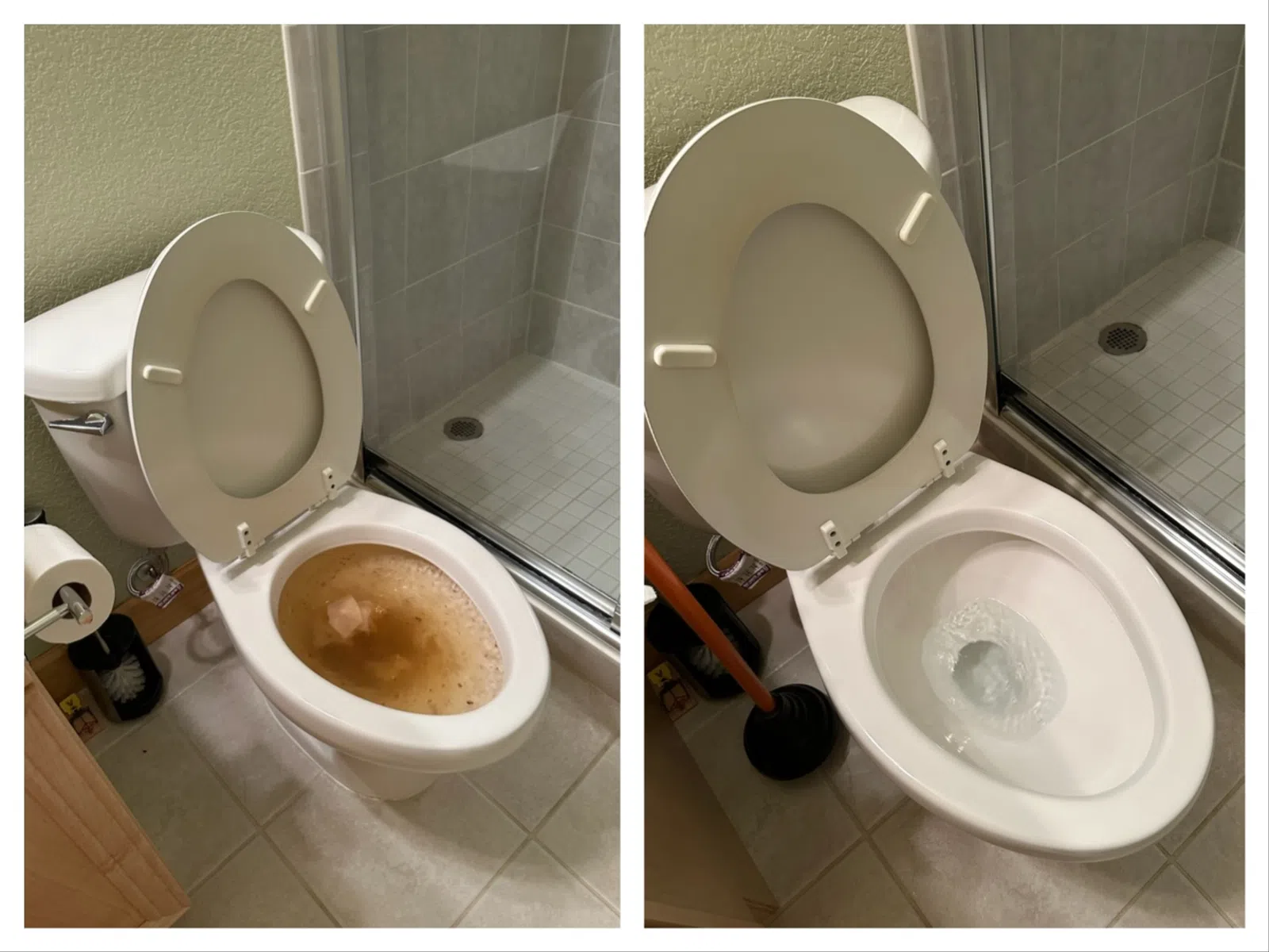 Side-by-side comparison of a toilet before and after cleaning showing a dirty bowl and a spotless white bowl.