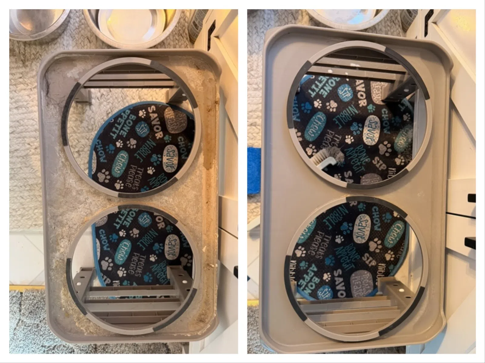 Side-by-side comparison of a dirty and clean plastic dog feeding station with two bowl slots on a carpeted floor.