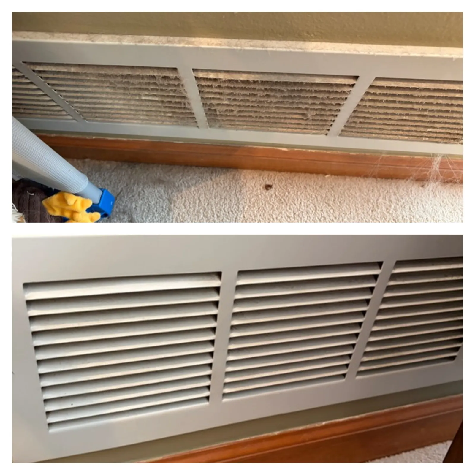 Before and after shots of a dirty and clean air vent grille above a baseboard on carpeted floor.