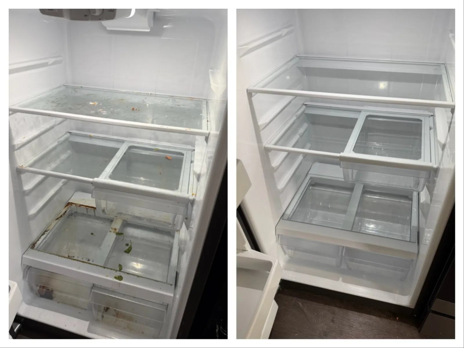 Side-by-side view of a refrigerator before and after cleaning showing clear shelves and drawers.