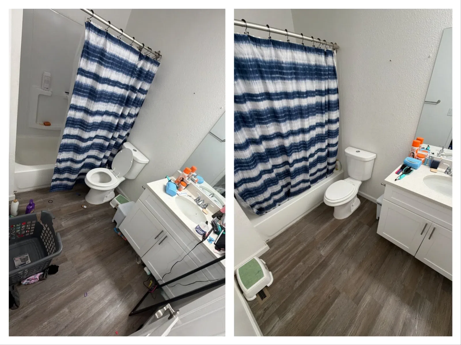 Two angled views of a clean bathroom with wood-style flooring, white toilet, vanity, and blue-striped shower curtain.