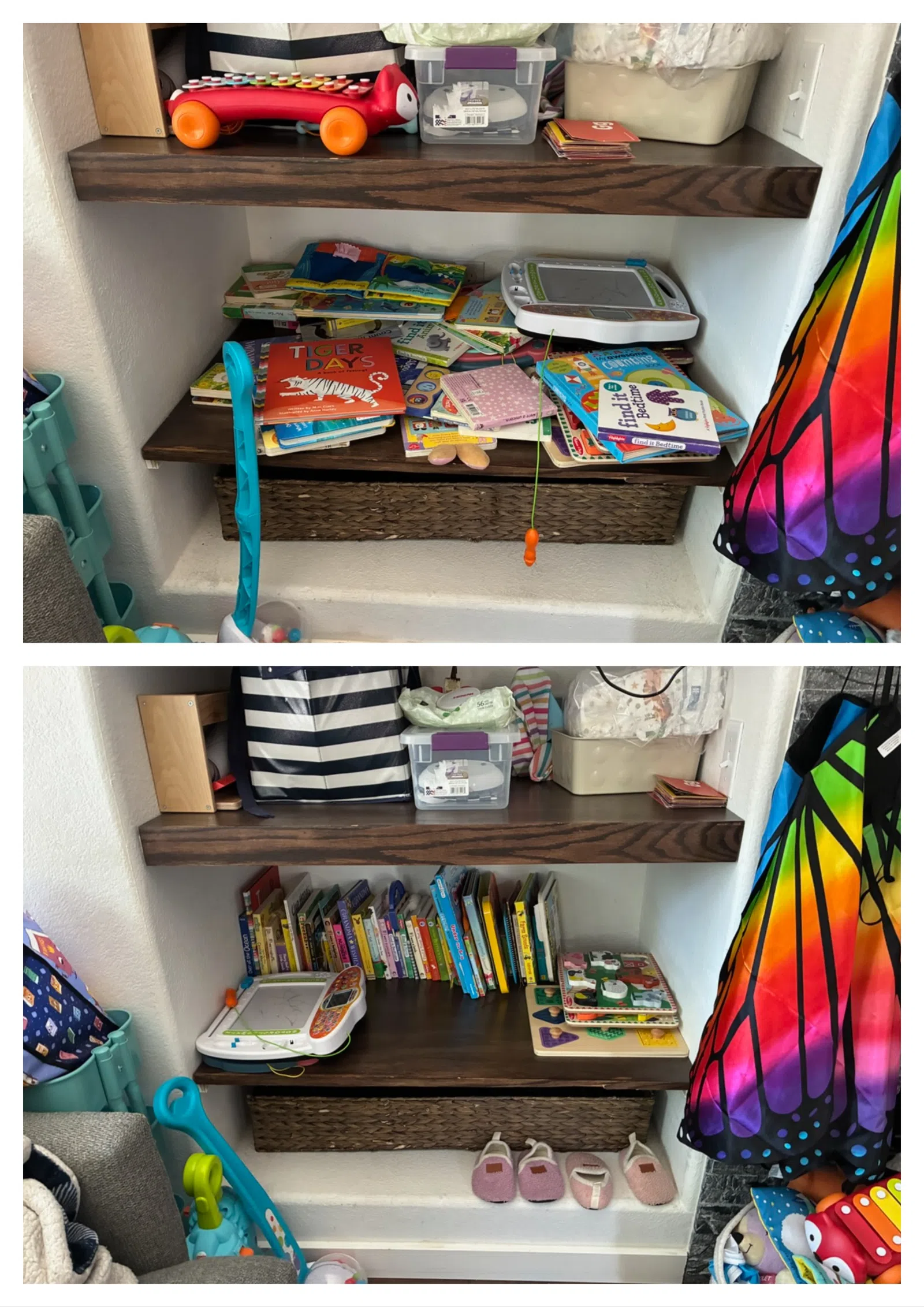 Two images of a children's bookshelf before and after organizing with books, toys, and colorful butterfly coat visible.
