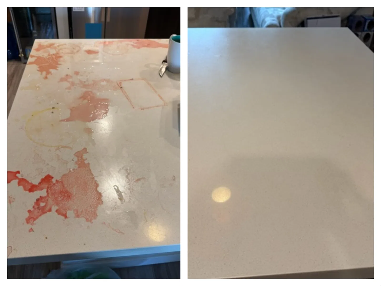 Side-by-side comparison of a stained and clean white countertop before and after deep cleaning.
