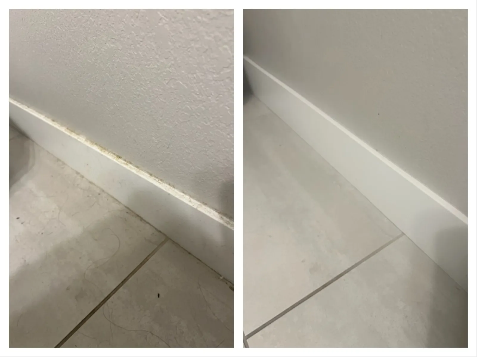 Side-by-side comparison of a dirty baseboard and a clean baseboard on tiled flooring near a wall.