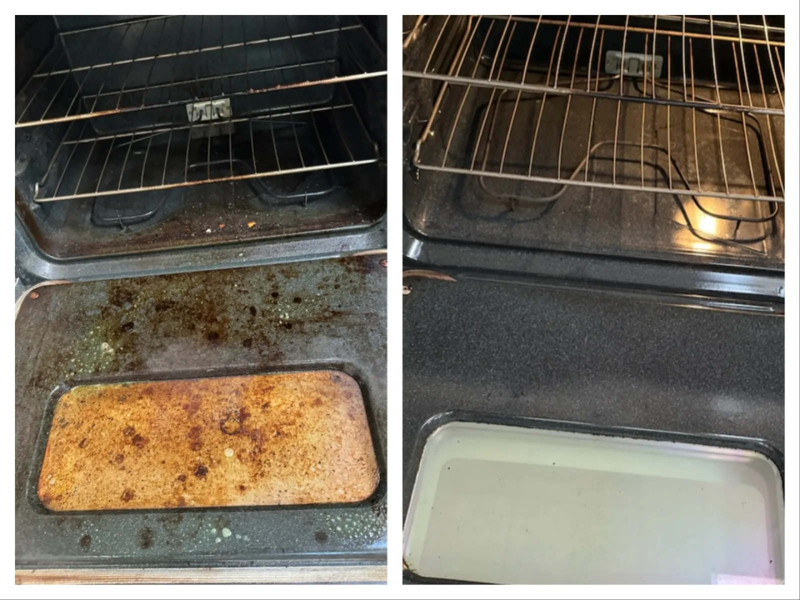 Side-by-side comparison of a dirty oven interior and the same oven clean after thorough cleaning.