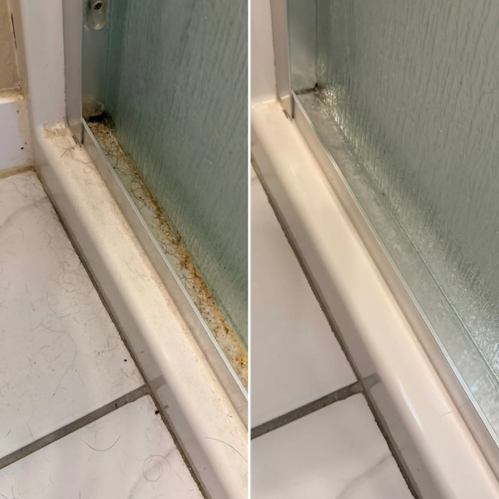 Side-by-side comparison of a shower door track before and after cleaning, showing removal of hair and grime.