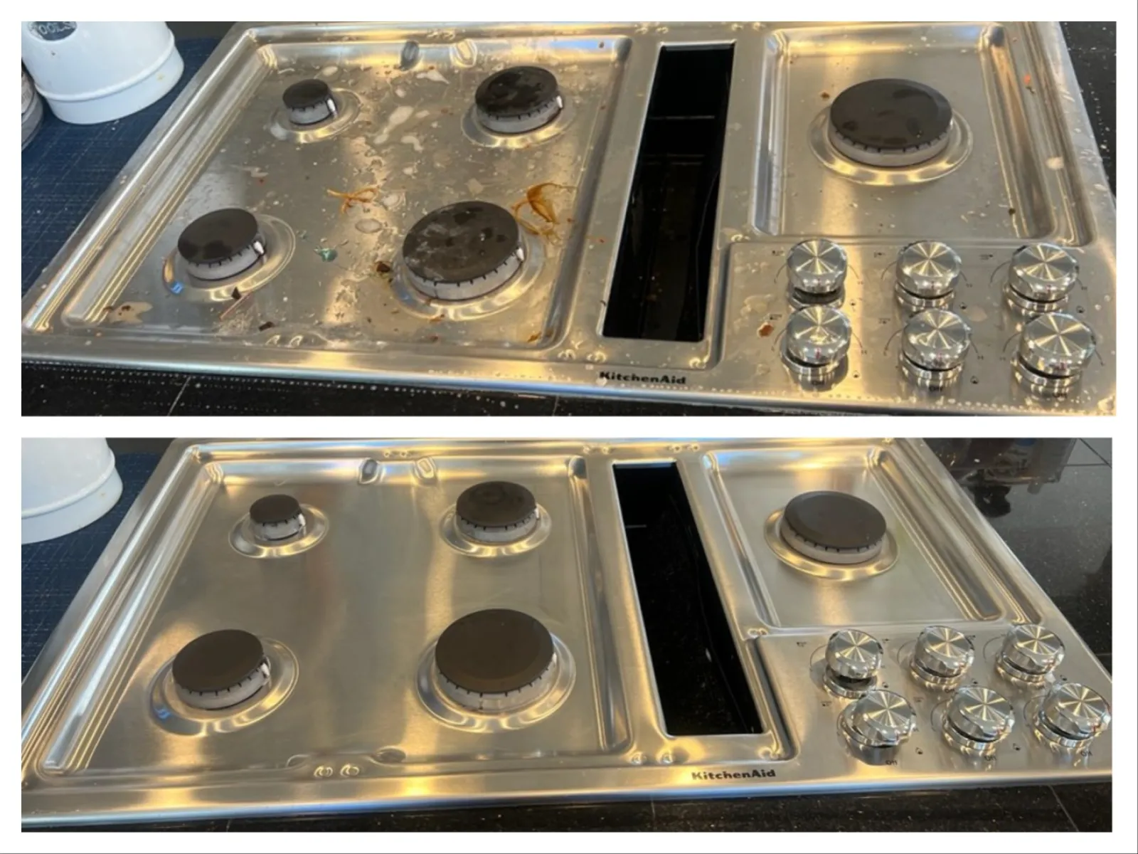 Before and after images of a stainless steel KitchenAid gas cooktop showing dirty and cleaned states.