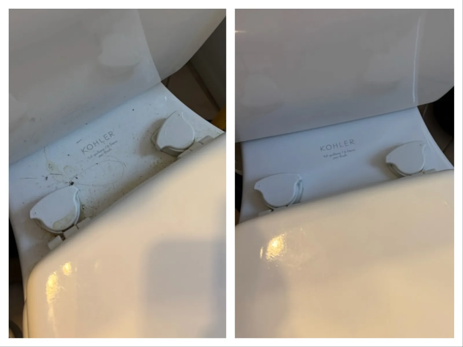 Side-by-side images of a Kohler toilet hinge area before and after cleaning, showing dirt removal and shine.