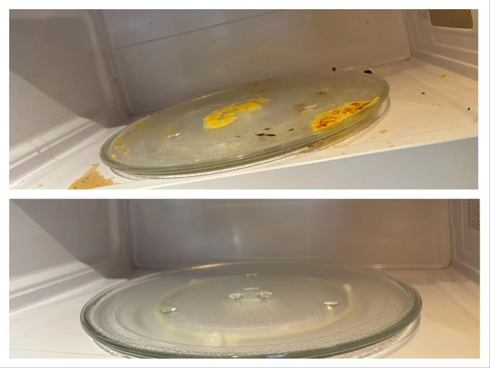 Before and after cleaning of a microwave glass turntable with food stains and grease removed.
