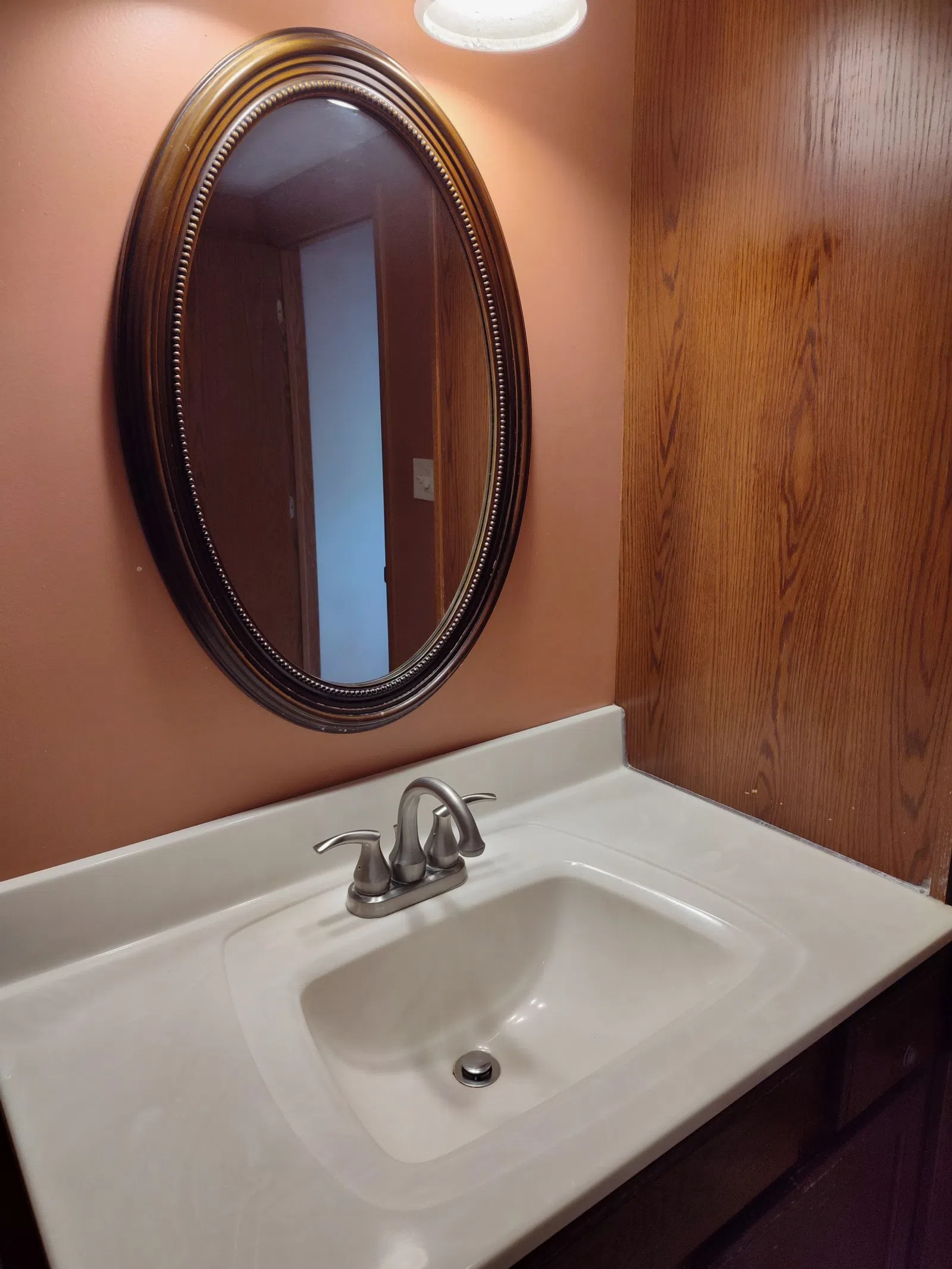 Bathroom sink with silver faucet, oval framed mirror, peach wall, and wood paneling under soft light.