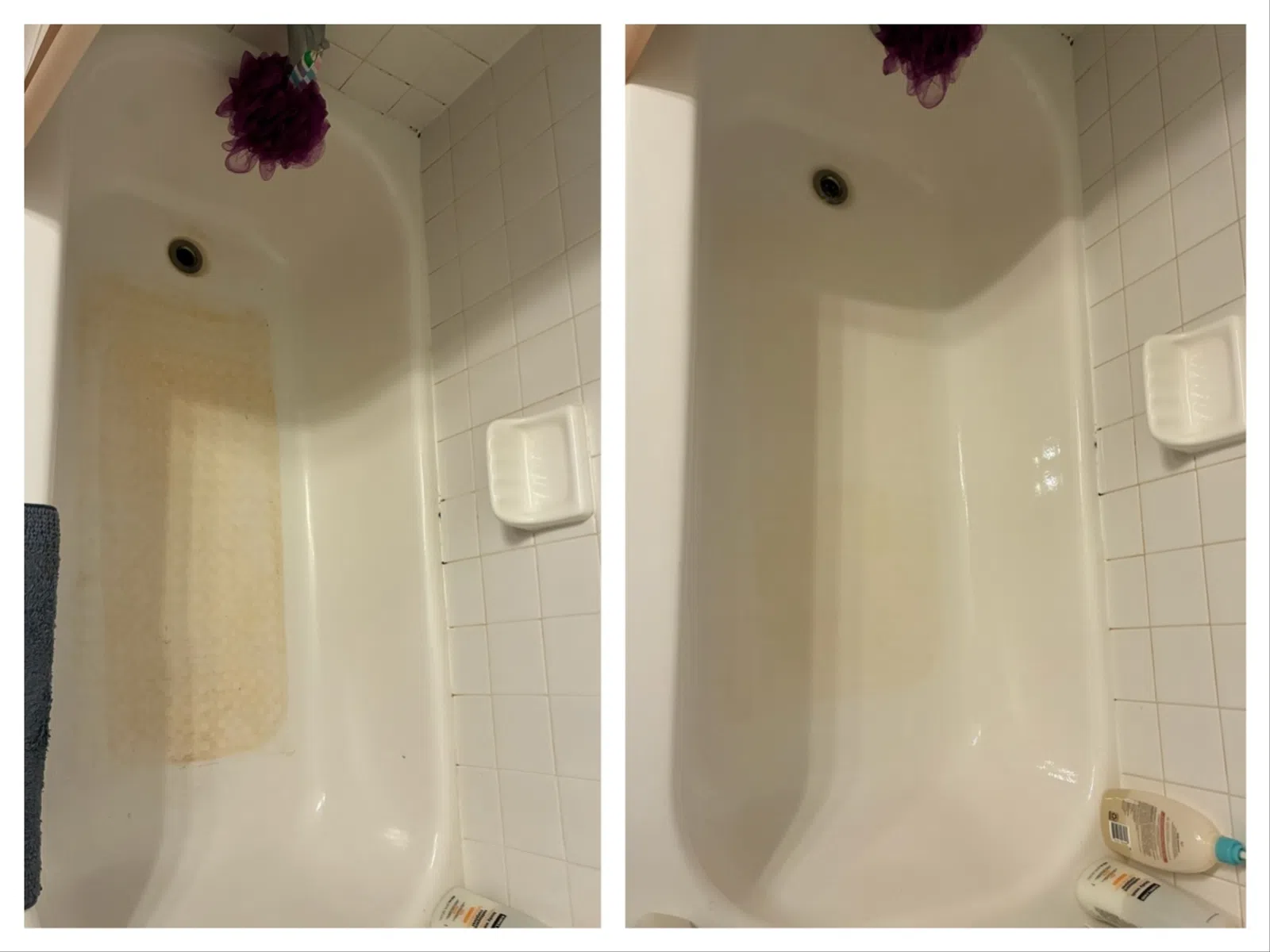Side-by-side comparison of a bathtub before and after cleaning showing removal of stains and grime.