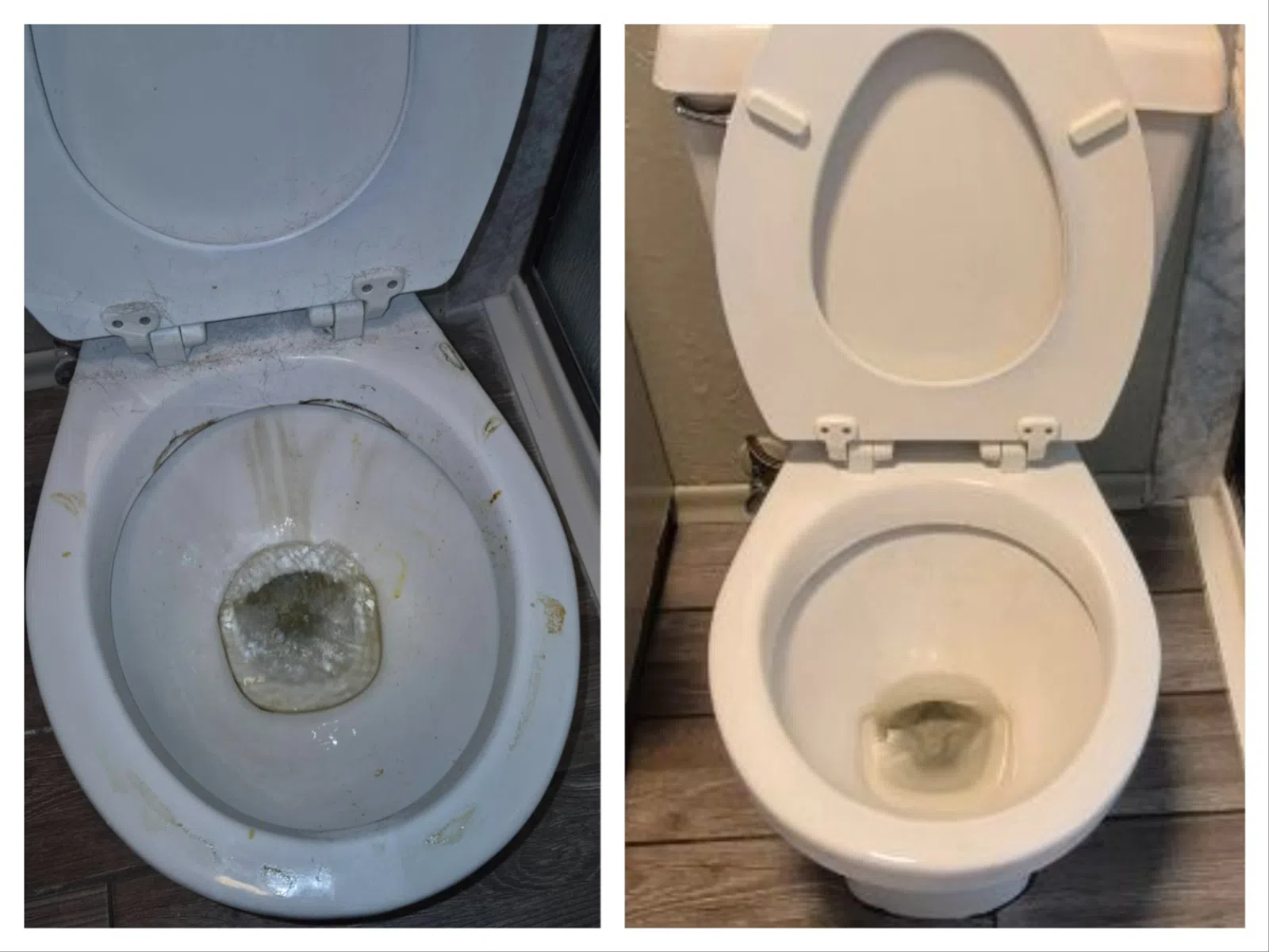 Side-by-side comparison of a dirty toilet bowl before and a clean toilet bowl after cleaning on wooden floor.