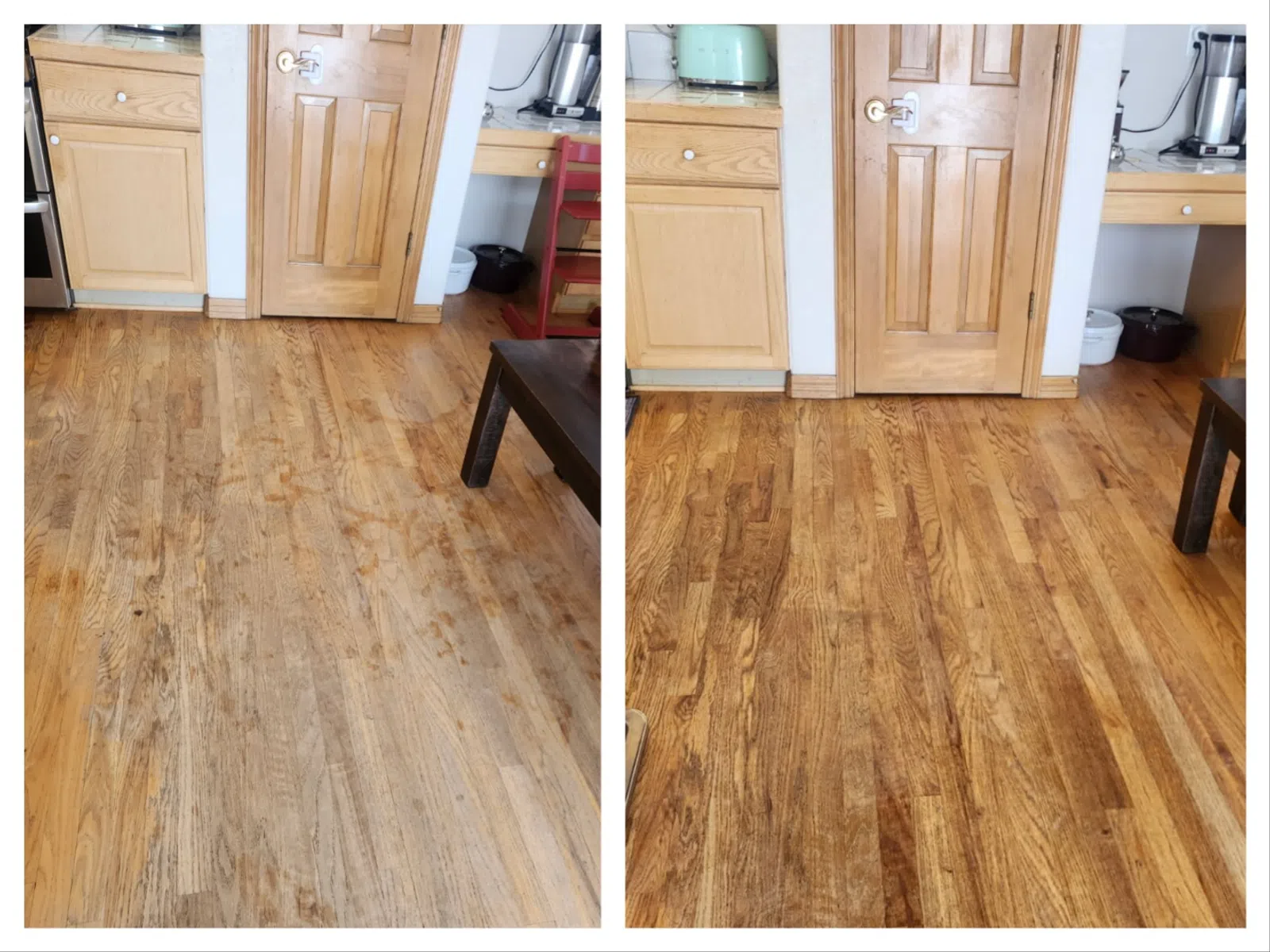Side-by-side before and after photos of wooden floor restoration showing clean, polished finish on right side.