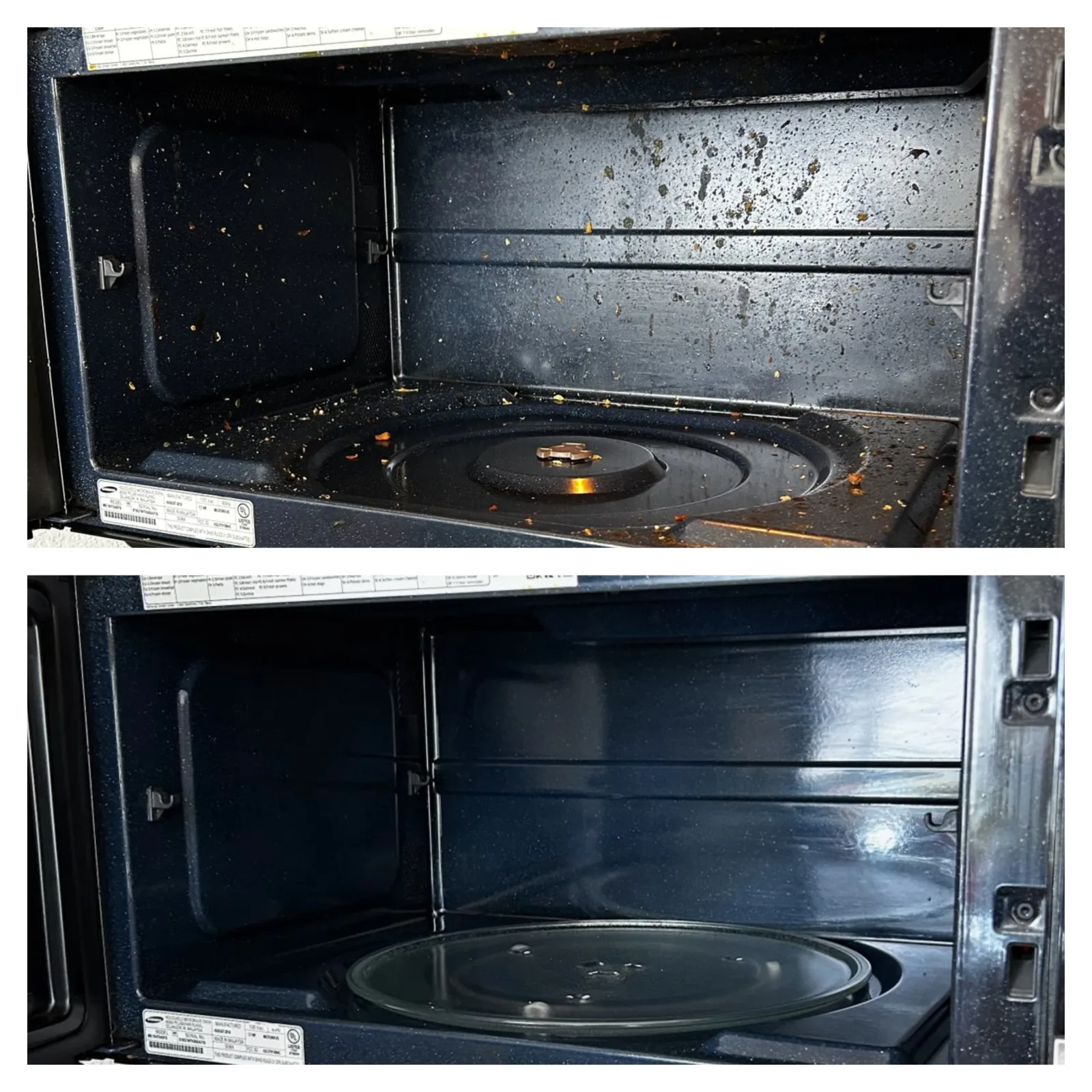 Side-by-side comparison of a microwave interior before and after thorough cleaning, showing dirty versus spotless surfaces.
