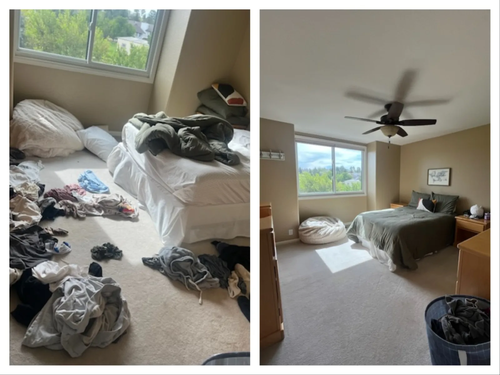 Side-by-side comparison of a messy bedroom with clothes on floor and the same room neatly organized and clean