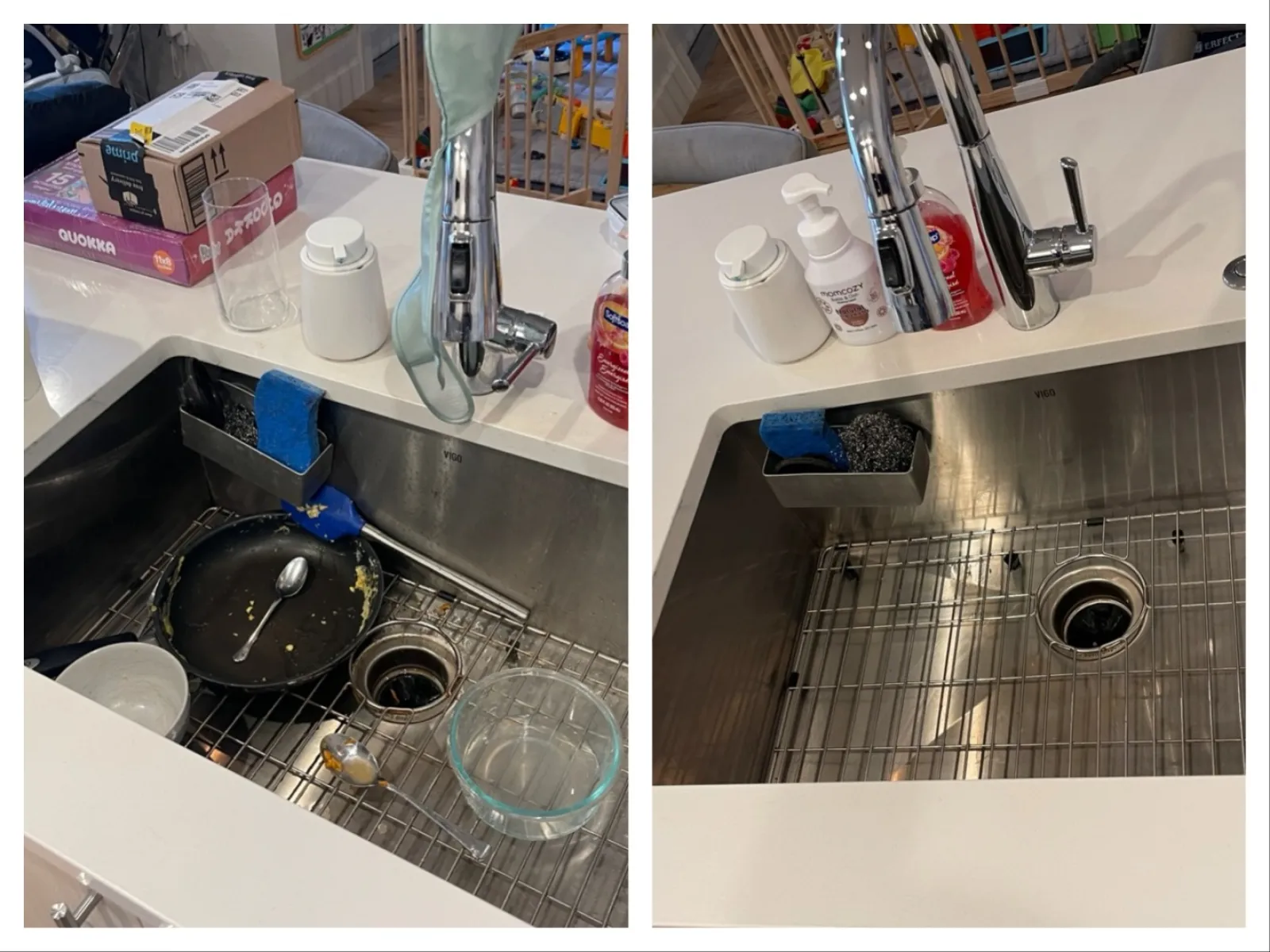 Side-by-side kitchen sink before and after cleaning showing dirty dishes and empty clean basin under chrome faucet.