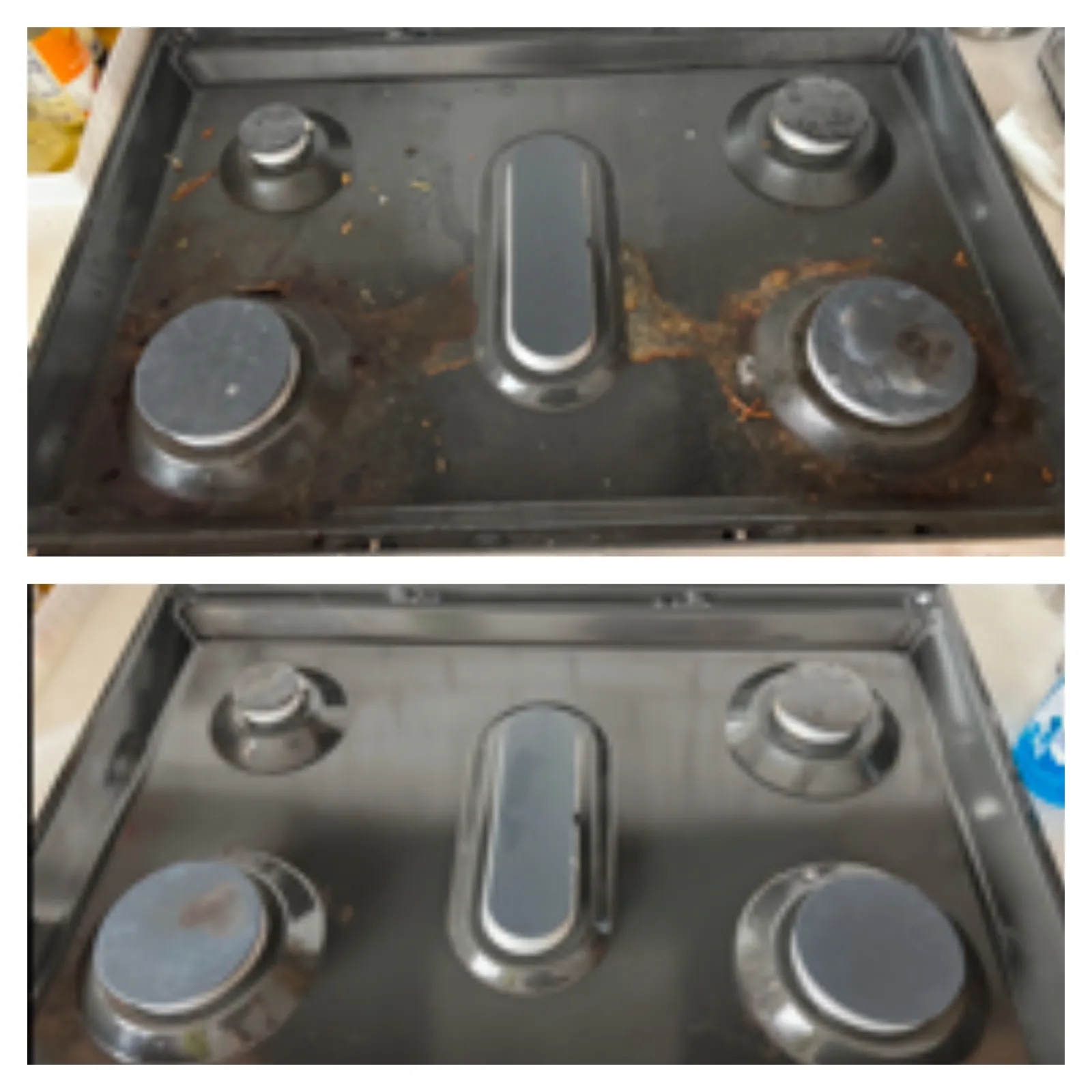 Before and after images of a gas stove showing grime removal and a clean metal surface by MaidPro Denver 