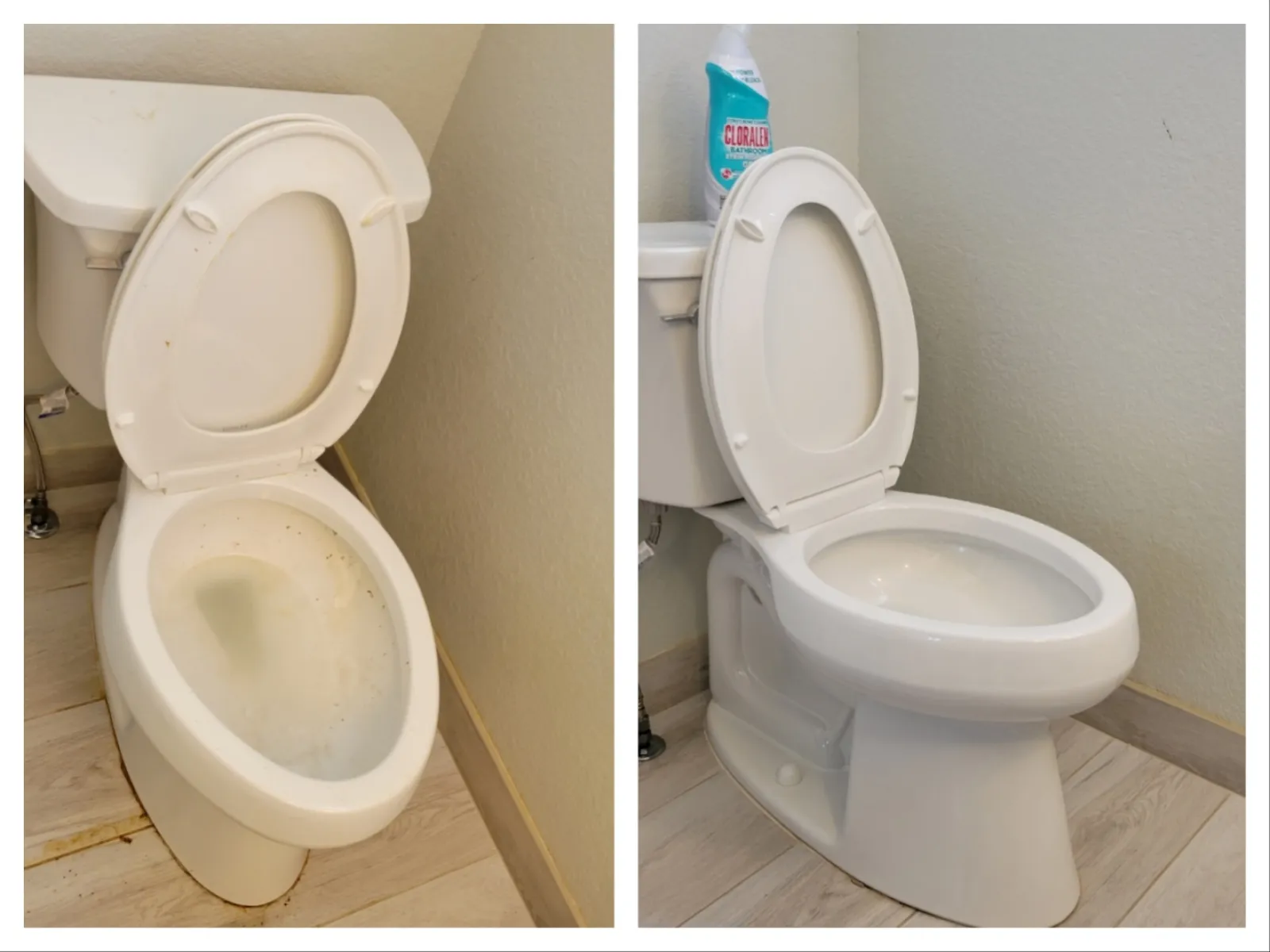side-by-side of a before and after clean of a bathroom and toilet from the professional cleaners at MaidPro Arvada