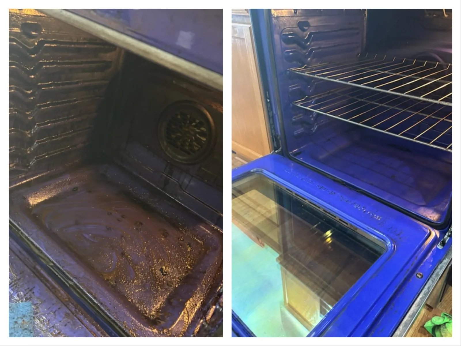 Side-by-side comparison of a dirty oven interior and a clean oven interior cleaned by MaidPro Arvada