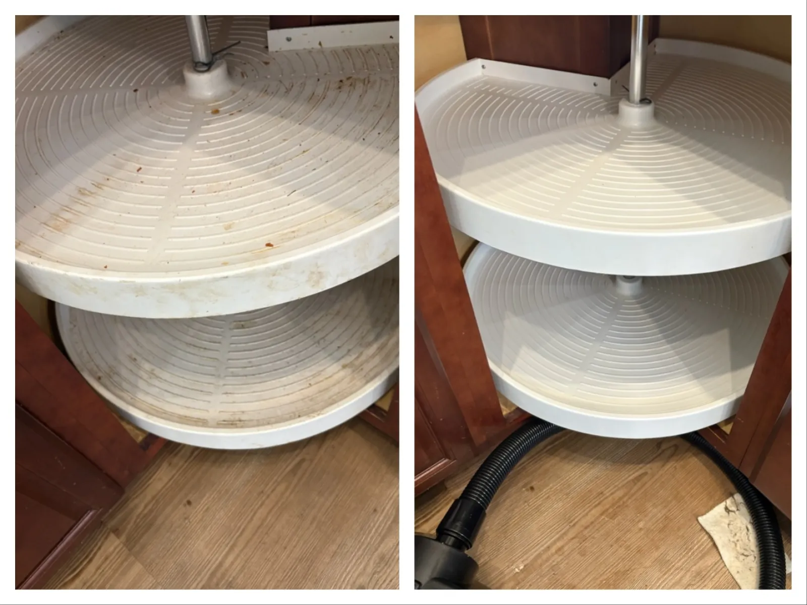 Side-by-side comparison of a dirty versus clean white plastic lazy Susan shelf in a kitchen cabinet.