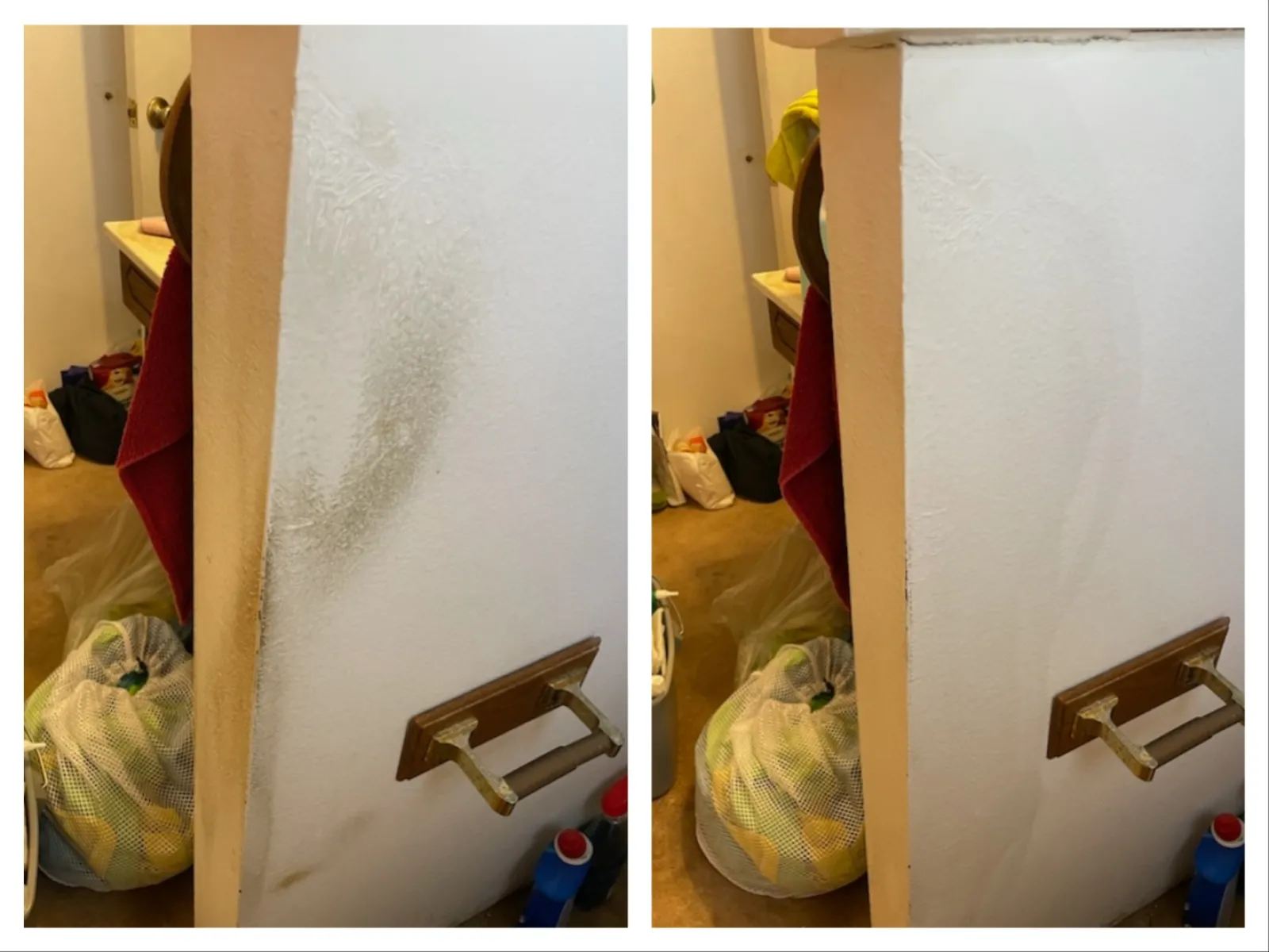 Side-by-side photo of a white wall corner showing before and after cleaning with visible dirt removed after cleaning.