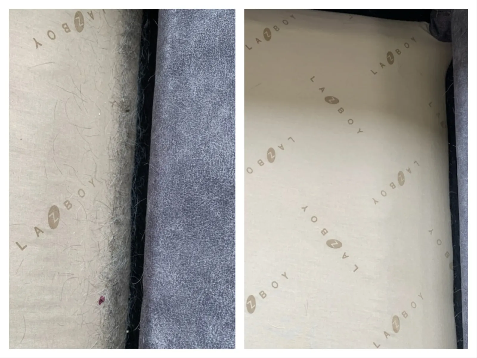 Side-by-side comparison of a dirty mattress with pet hair and stains versus a clean mattress with La-Z-Boy branding.