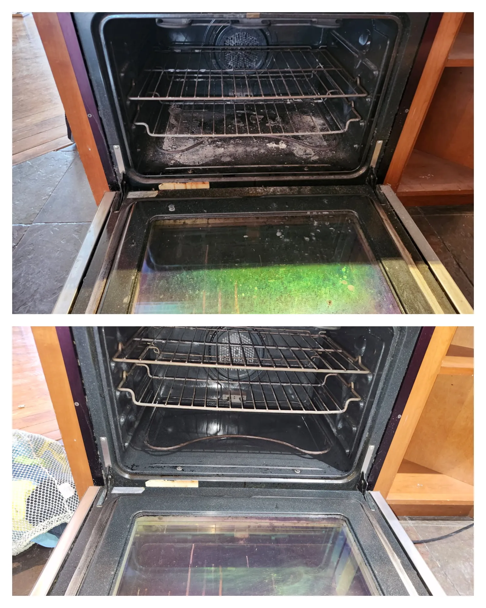 Open kitchen oven before and after cleaning, showing dirty grime and sparkling clean interior and glass door.