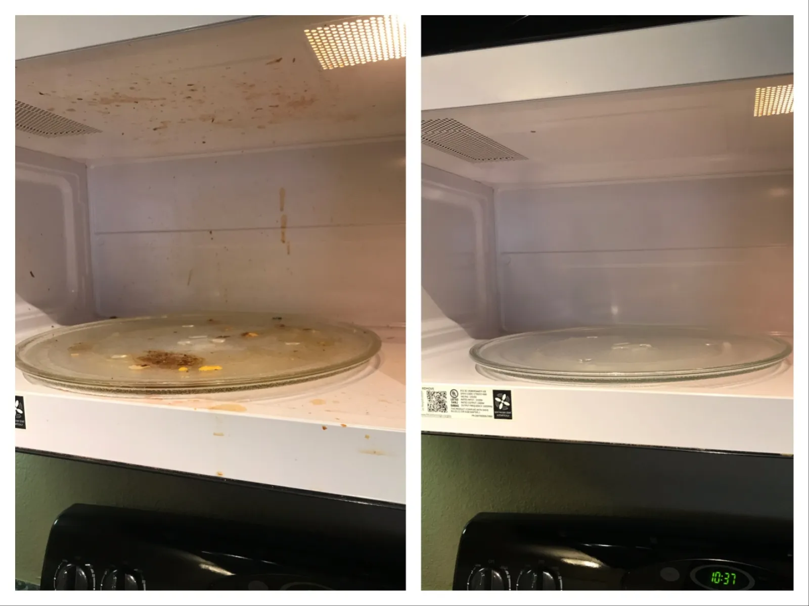 Side-by-side photos of a microwave interior dirty on the left and thoroughly cleaned on the right with a glass turntable.