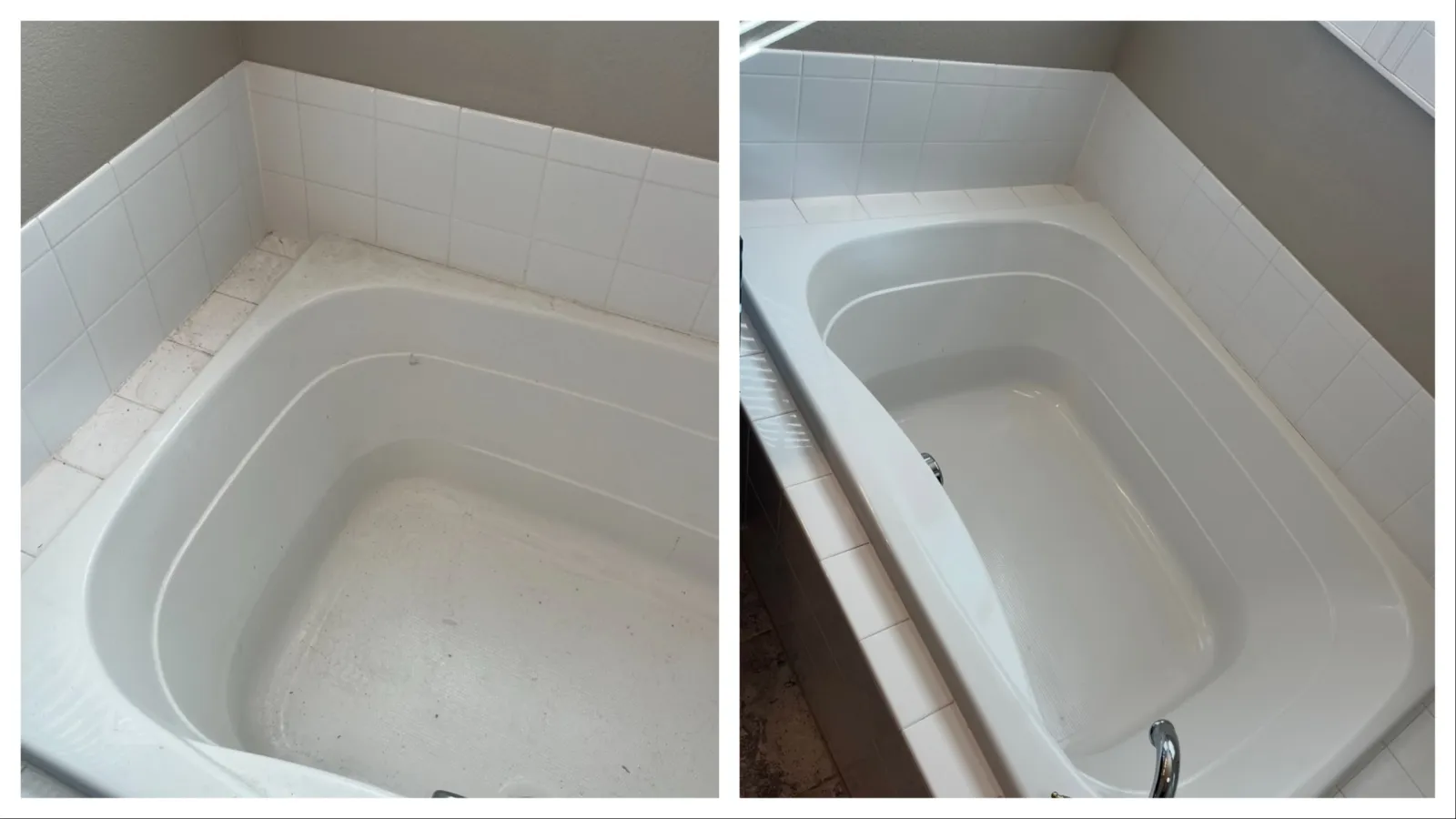 before and after cleaning photos of bathtub grime cleaned by MaidPro Littleton