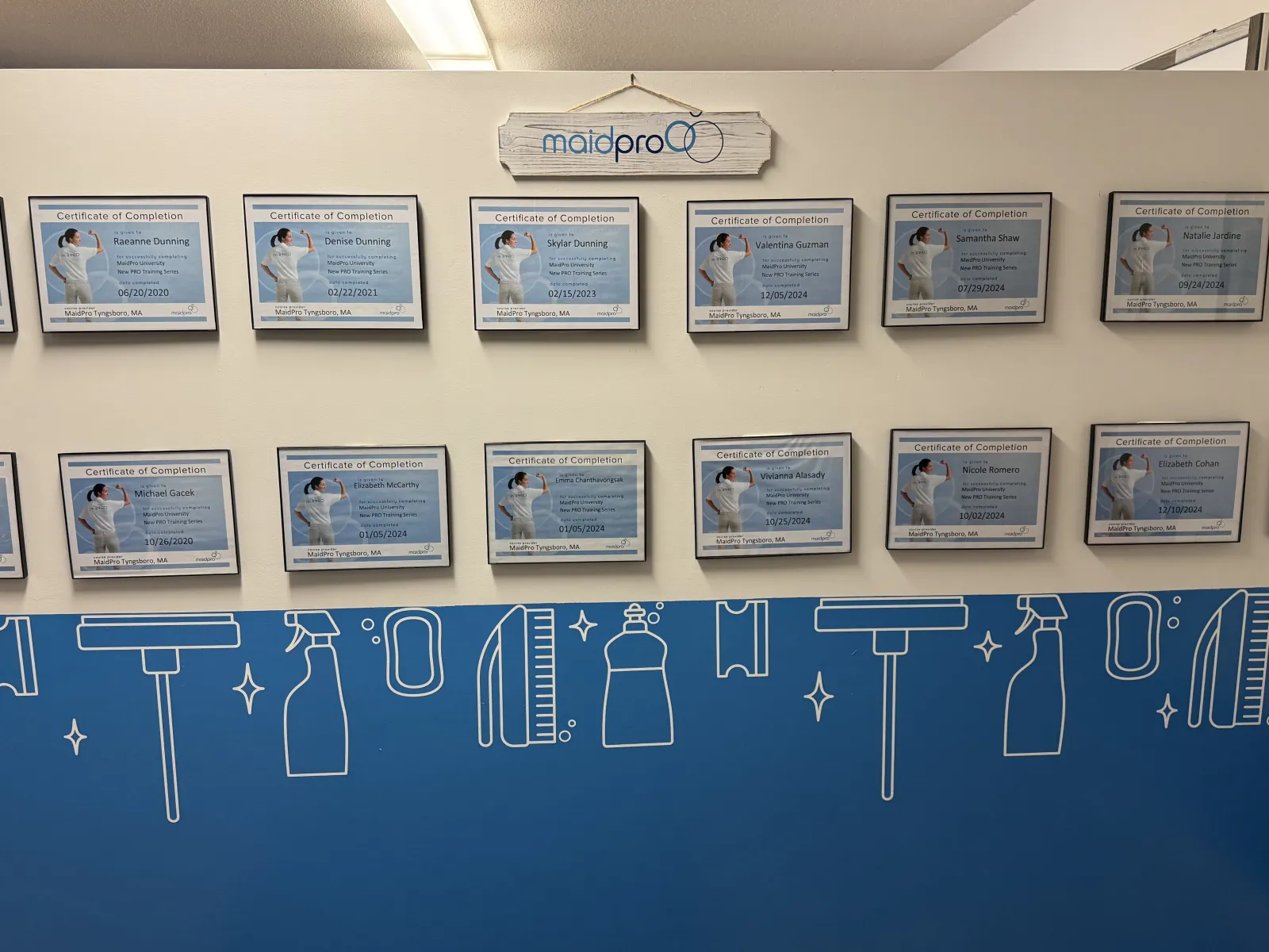 wall of certificates showing the work at MaidPro Tyngsborough