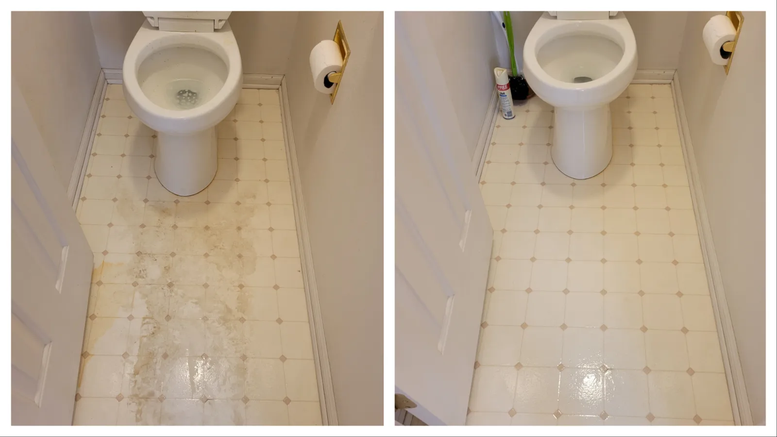 Before and after images of a toilet area showing clean and dirty floor tiles.