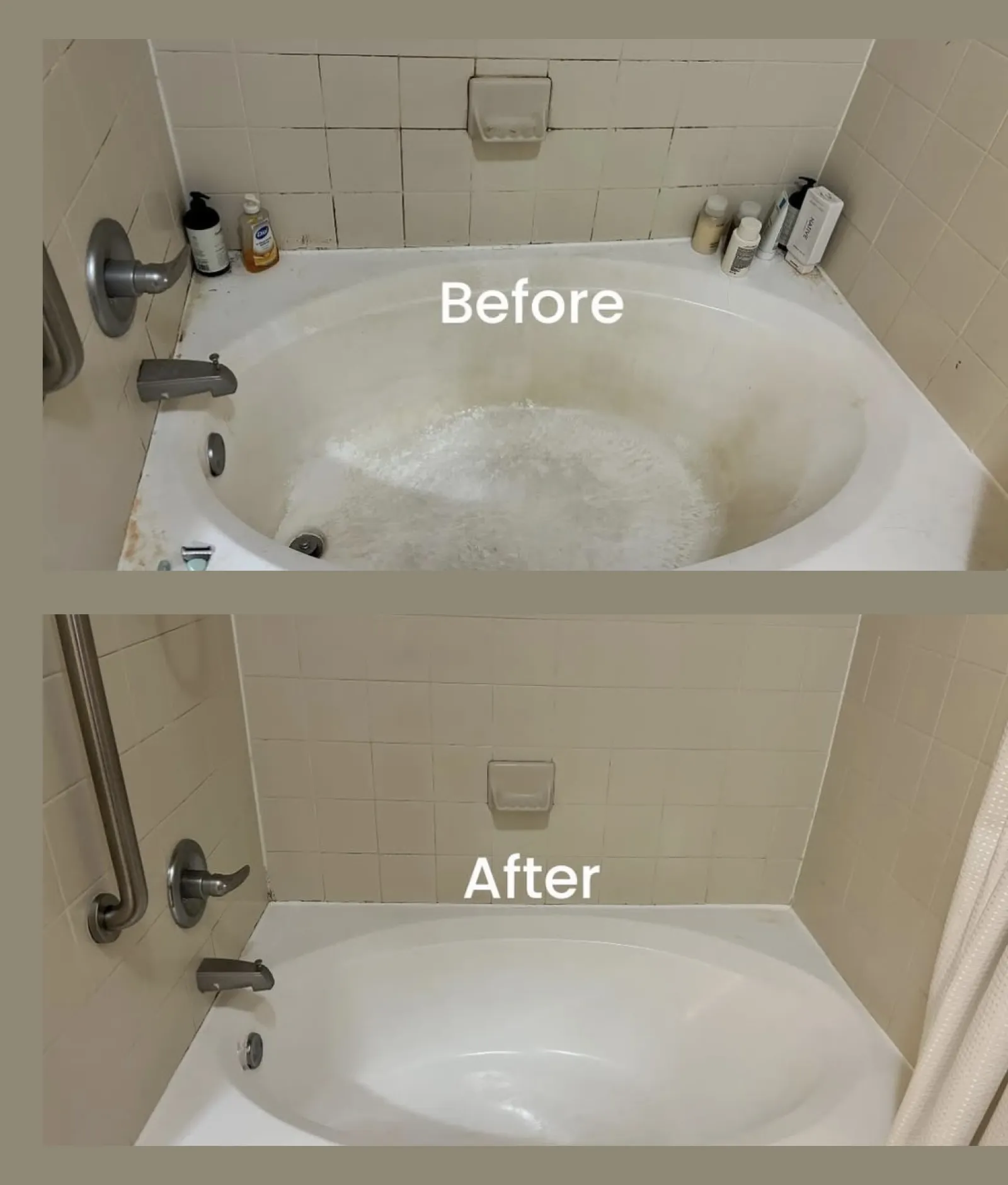 Side-by-side comparison of a bathtub before and after deep cleaning showing a spotless and white surface from MaidPro Baton Rouge