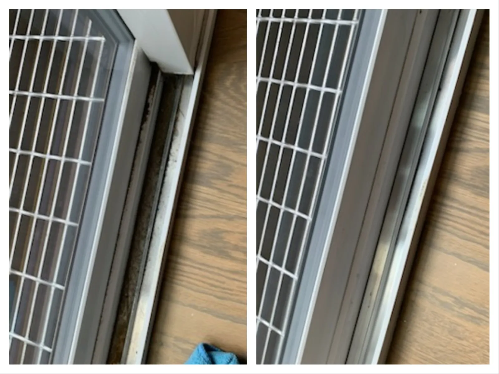 Side-by-side close-up images of a window track before and after cleaning on a wooden floor with a blue cloth.