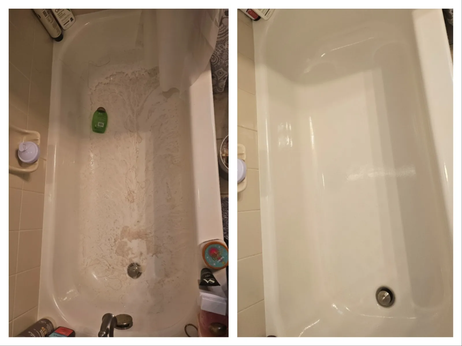 Before and after comparison of a bathtub showing heavy dirt and stains cleaned to a spotless white surface.