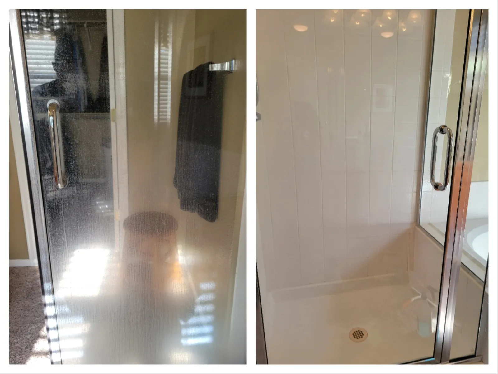 Comparison of a foggy, dirty shower door and the same door clean and clear after cleaning.