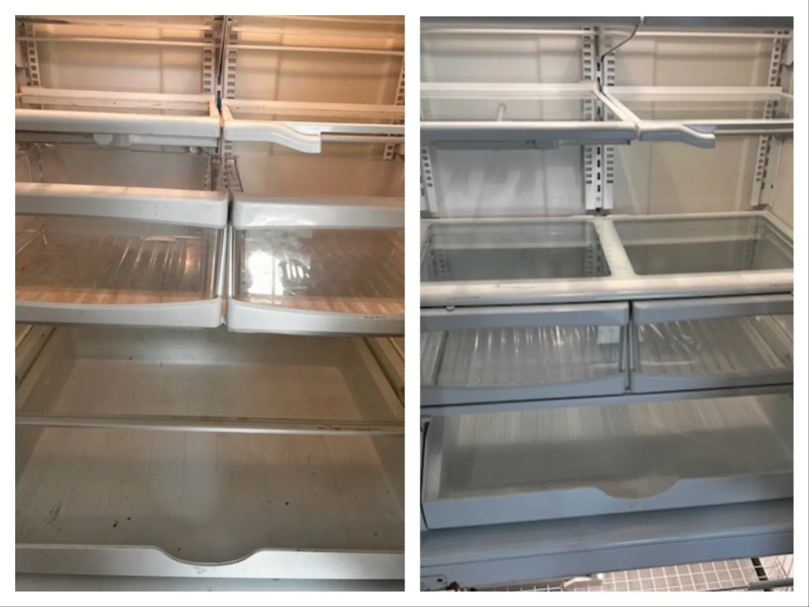 Side-by-side image showing two empty refrigerator interiors with shelves and drawers.