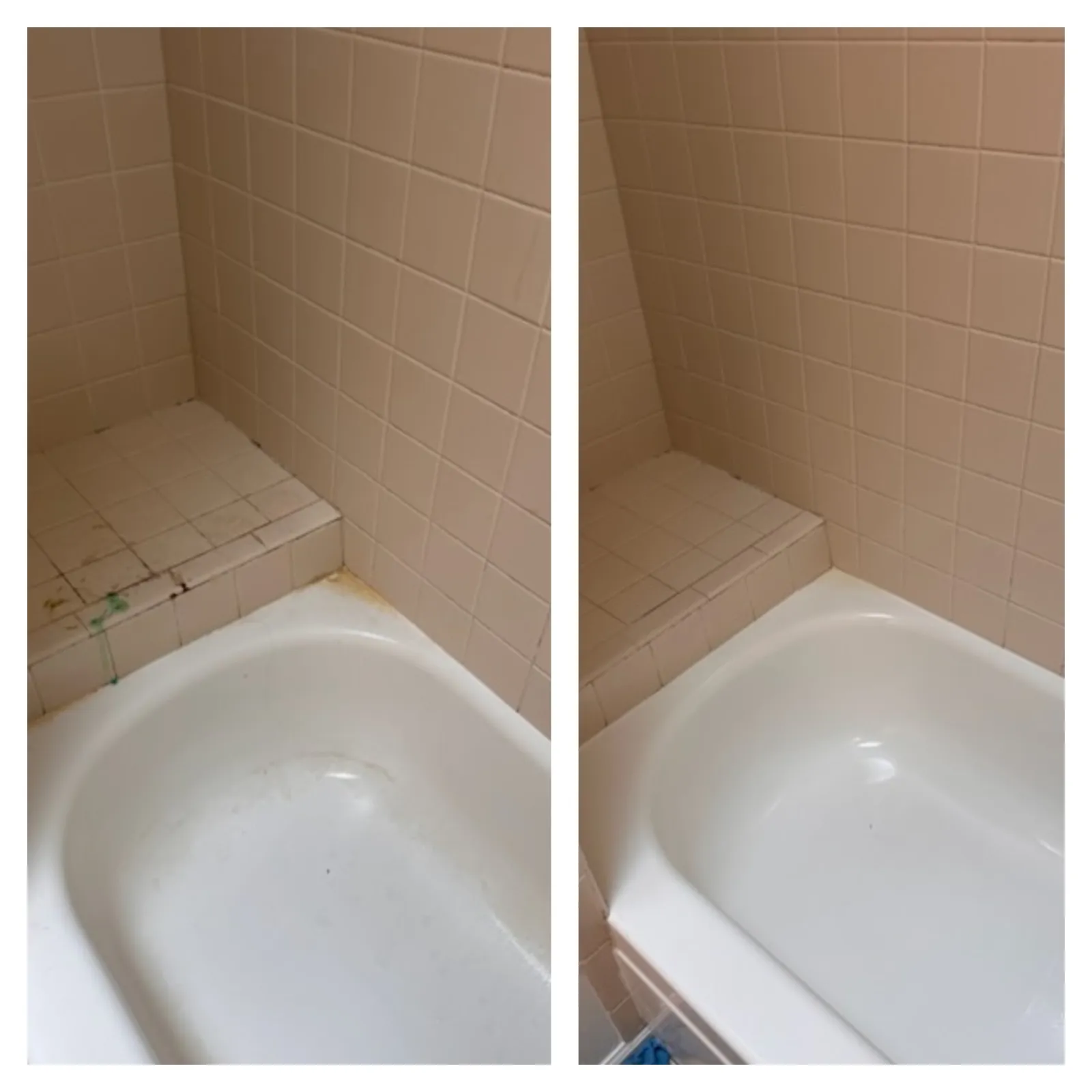Before and after bathtub cleaning showing removal of dirt and stains from white tub and tiles MaidPro Denver