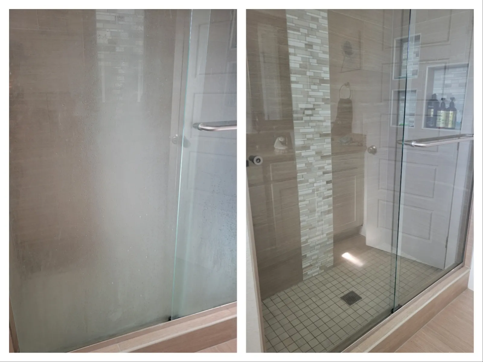 Before and after images of a shower door showing buildup removal and clear glass restoration from MaidPro Arvada