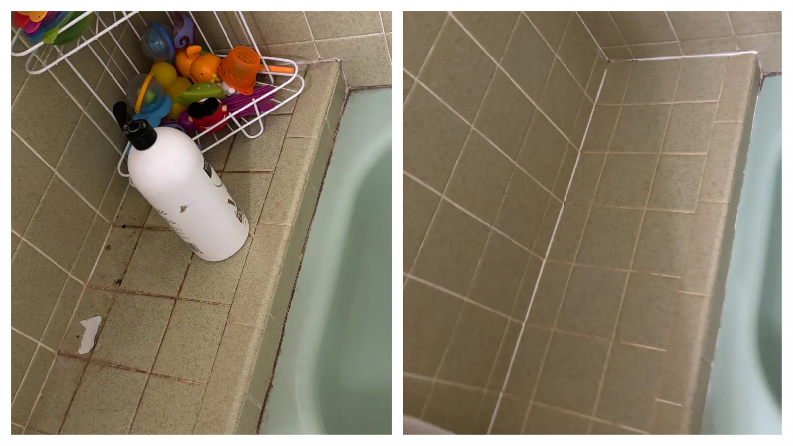 Before and after cleaning a bathtub showcasing improved cleanliness and organized items.