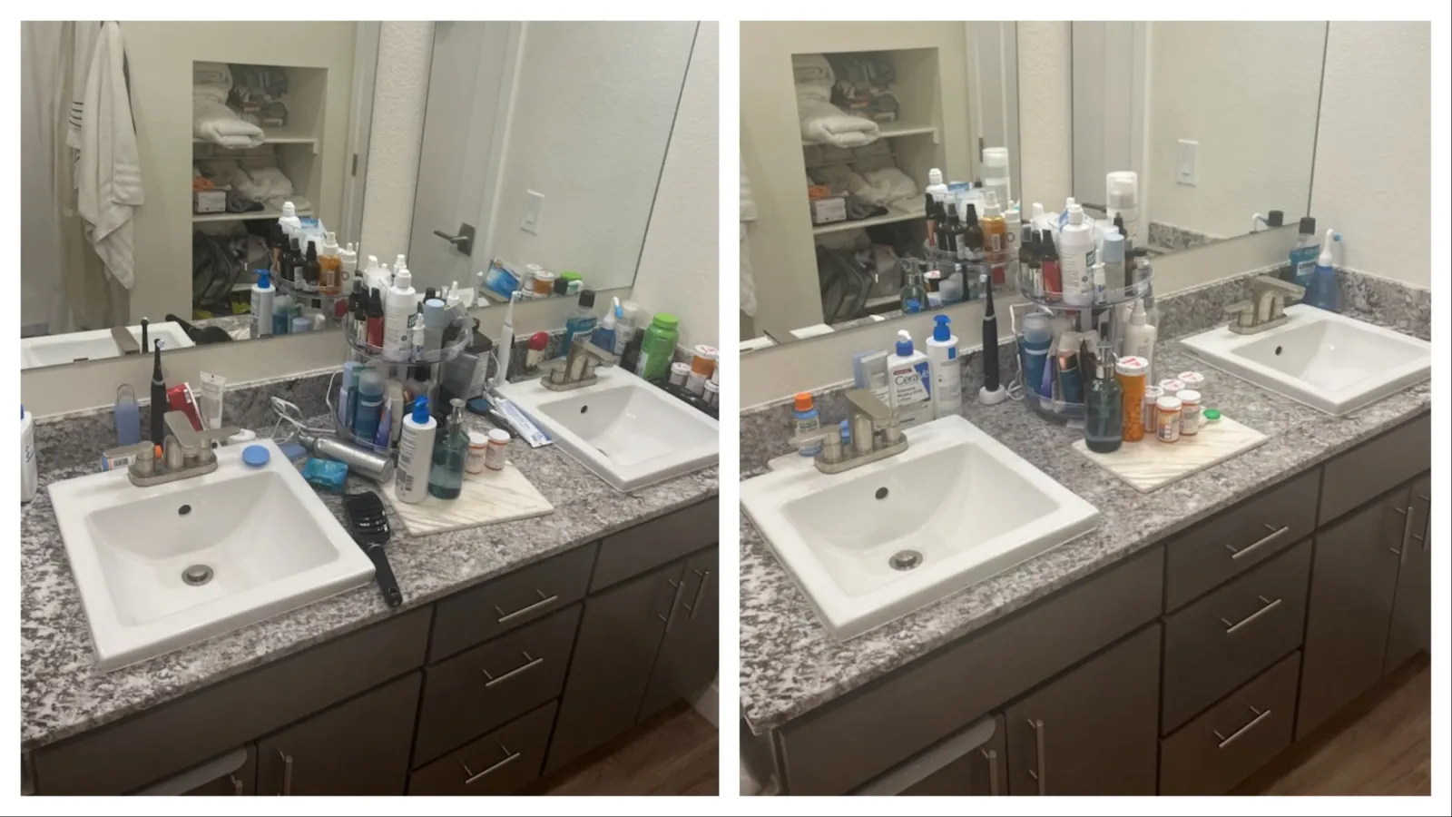 Bathroom sink countertop cluttered with various toiletries, bottles, and medications next to a large mirror.